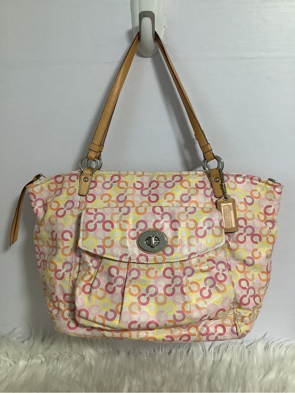 Coach Op Art Large Tote Bag Coated Canvas Leather  Shoulder pink/yellow